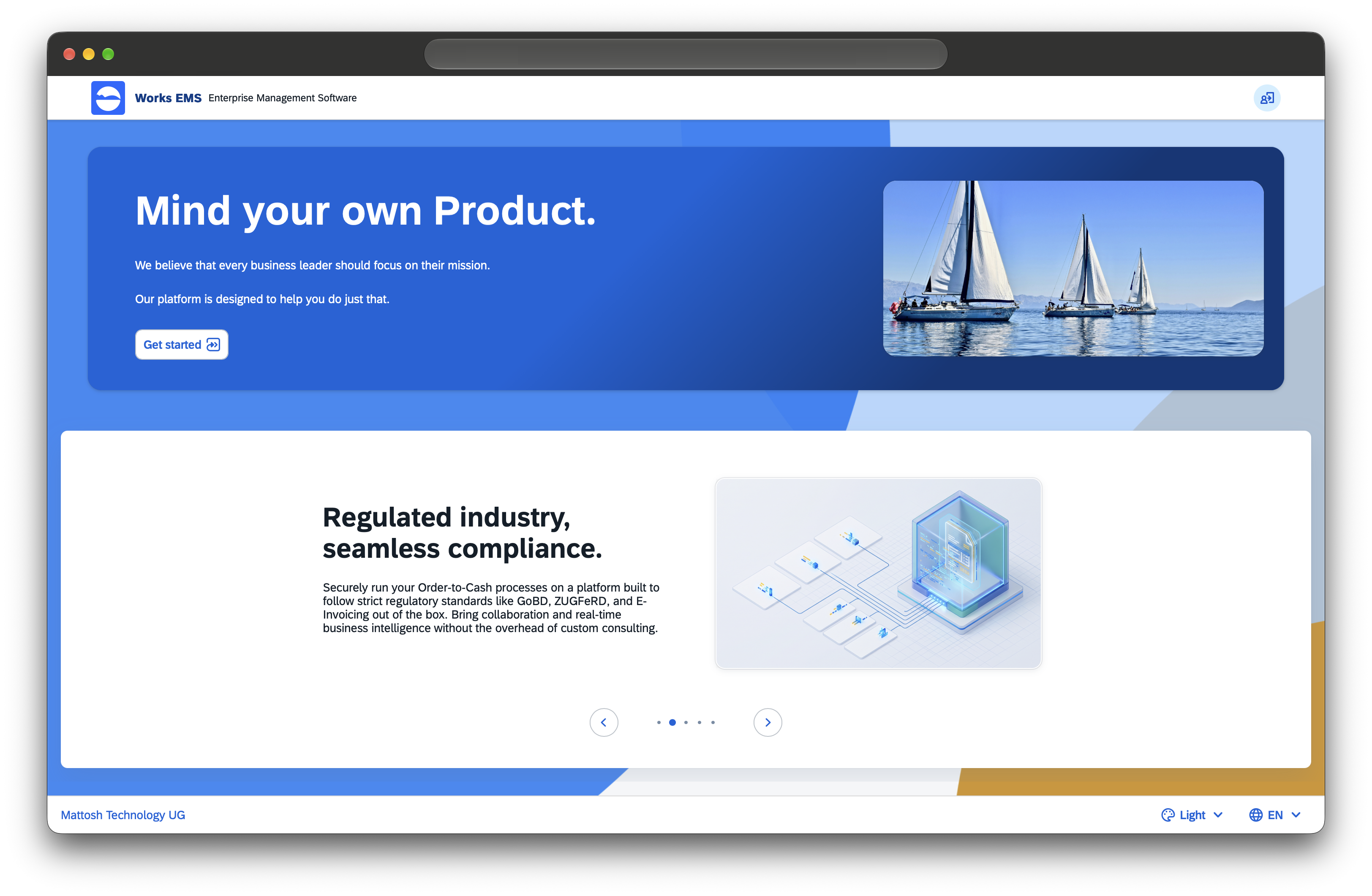 Screenshot of home page Mattosh Works EMS